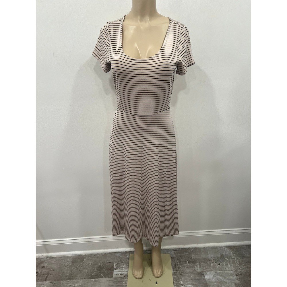 Old Navy Dress Midi Lightweight Easy Wear Breezy Womens Small Tan Navy Striped